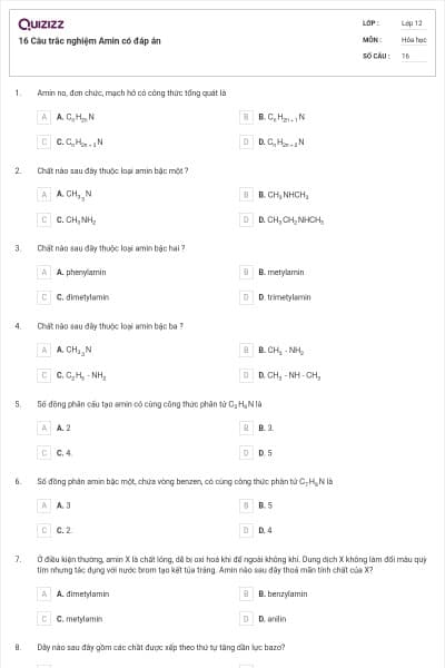 16 Câu trắc nghiệm Amin có đáp án