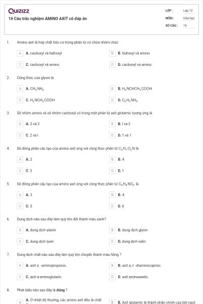 16 Câu trắc nghiệm AMINO AXIT có đáp án