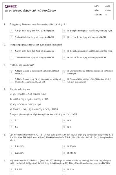 Bài 24: SƠ LƯỢC VỀ HỢP CHẤT CÓ OXI CỦA CLO