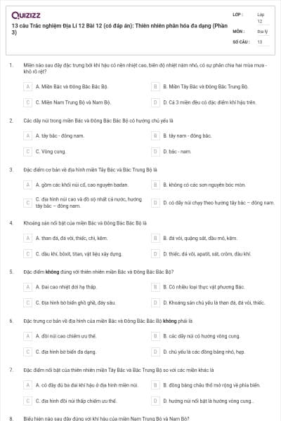 13 câu Trắc nghiệm Địa Lí 12 Bài 12 (có đáp án): Thiên nhiên phân hóa đa dạng (Phần 3)