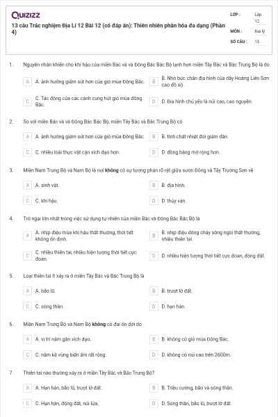 13 câu Trắc nghiệm Địa Lí 12 Bài 12 (có đáp án): Thiên nhiên phân hóa đa dạng (Phần 4)