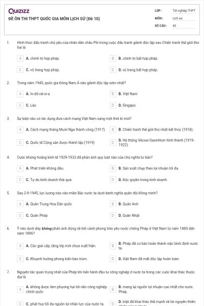 ĐỀ ÔN THI THPT QUỐC GIA MÔN LỊCH SỬ (Đề 10)
