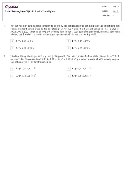 2 câu Trắc nghiệm Vật Lí 12 sai số có đáp án