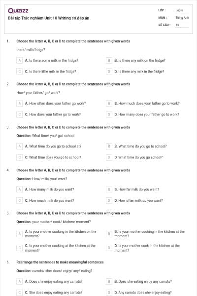 Bài tập Trắc nghiệm Unit 10 Writing có đáp án