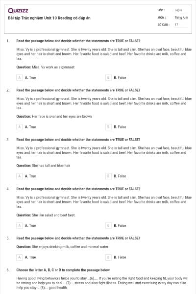 Bài tập Trắc nghiệm Unit 10 Reading có đáp án