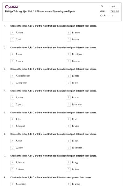 Bài tập Trắc nghiệm Unit 11 Phonetics and Speaking có đáp án