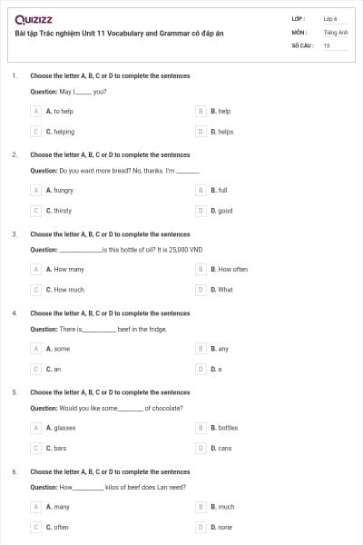 Bài tập Trắc nghiệm Unit 11 Vocabulary and Grammar có đáp án