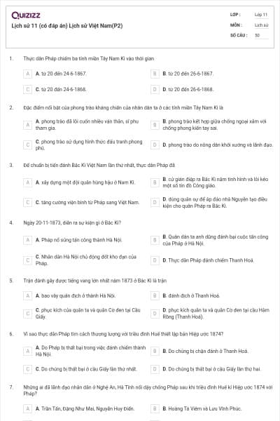 Lịch sử 11 (có đáp án) Lịch sử Việt Nam(P2)
