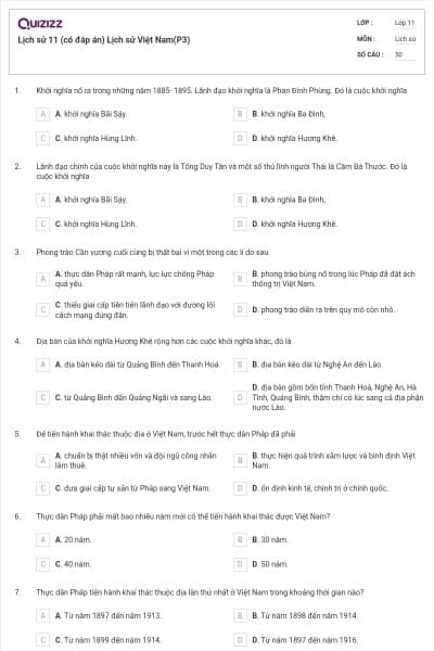 Lịch sử 11 (có đáp án) Lịch sử Việt Nam(P3)