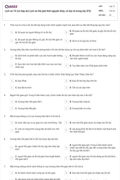 Lịch sử 10 (có đáp án) Lịch sử thế giới thời nguyên thủy, cổ đại và trung đại (P3)