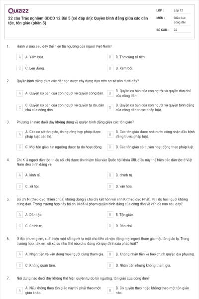 22 câu Trắc nghiệm GDCD 12 Bài 5 (có đáp án): Quyền bình đẳng giữa các dân tộc, tôn giáo (phần 3)