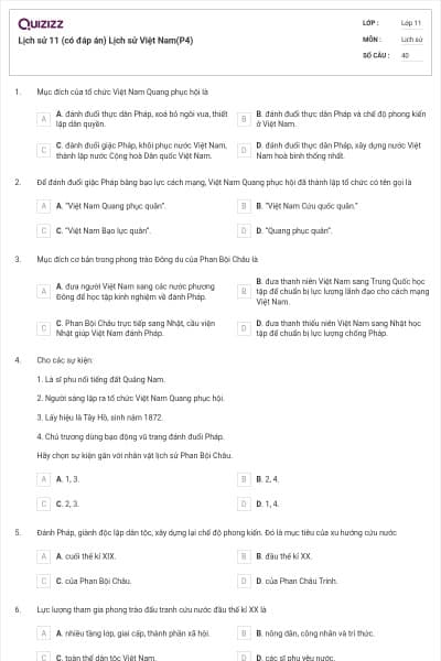 Lịch sử 11 (có đáp án) Lịch sử Việt Nam(P4)