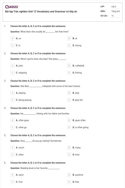 Bài tập Trắc nghiệm Unit 12 Vocabulary and Grammar có đáp án