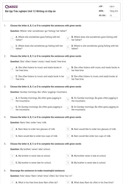 Bài tập Trắc nghiệm Unit 12 Writing có đáp án