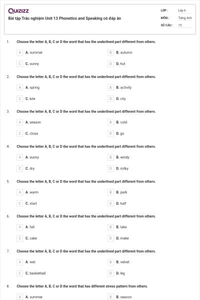 Bài tập Trắc nghiệm Unit 13 Phonetics and Speaking có đáp án