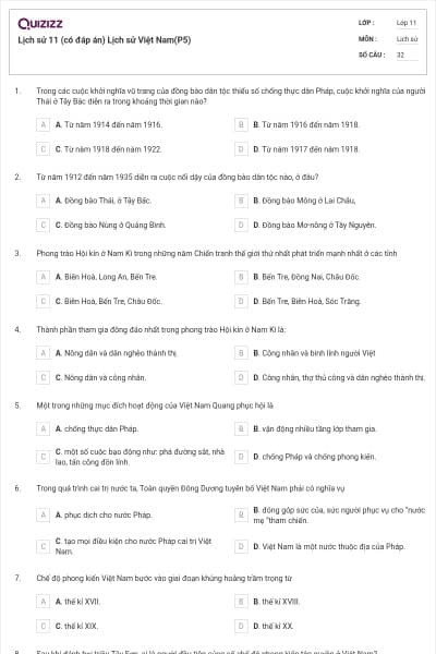 Lịch sử 11 (có đáp án) Lịch sử Việt Nam(P5)