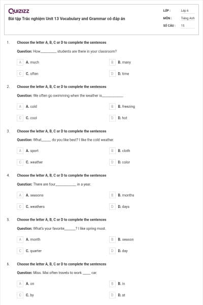 Bài tập Trắc nghiệm Unit 13 Vocabulary and Grammar có đáp án