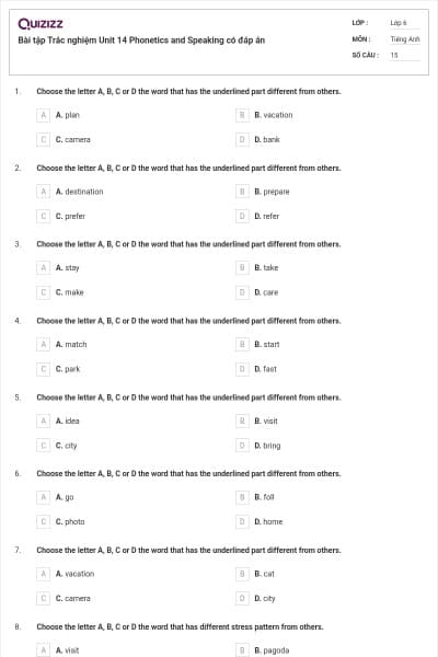 Bài tập Trắc nghiệm Unit 14 Phonetics and Speaking có đáp án