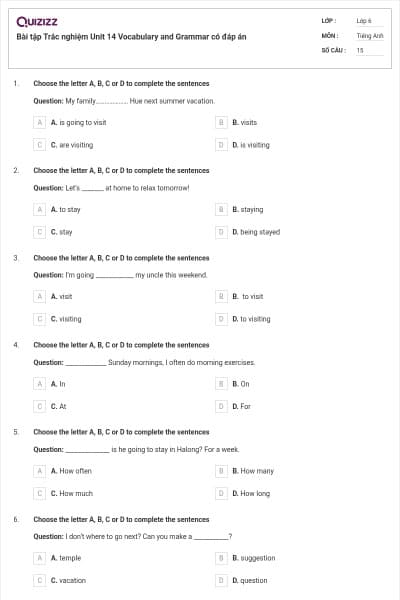 Bài tập Trắc nghiệm Unit 14 Vocabulary and Grammar có đáp án