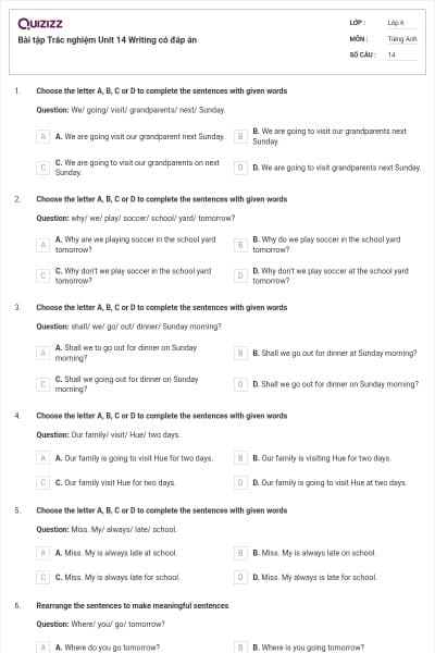 Bài tập Trắc nghiệm Unit 14 Writing có đáp án