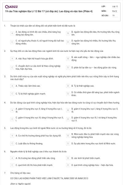 19 câu Trắc nghiệm Địa Lí 12 Bài 17 (có đáp án): Lao động và việc làm (Phần 4)