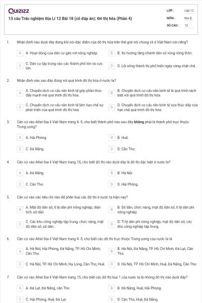 13 câu Trắc nghiệm Địa Lí 12 Bài 18 (có đáp án): Đô thị hóa (Phần 4)