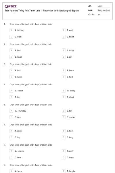Trắc nghiệm Tiếng Anh 7 mới Unit 1: Phonetics and Speaking có đáp án