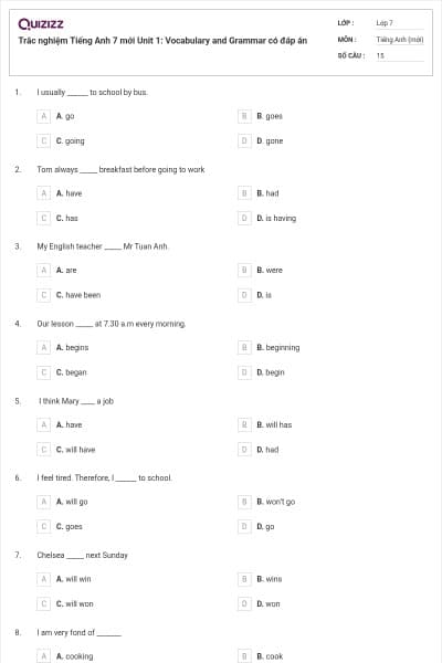 Trắc nghiệm Tiếng Anh 7 mới Unit 1: Vocabulary and Grammar có đáp án