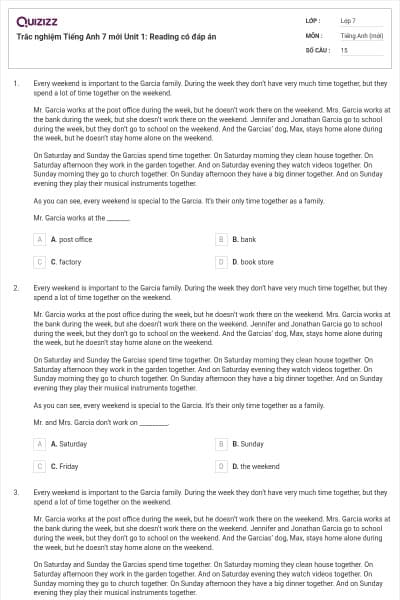 Trắc nghiệm Tiếng Anh 7 mới Unit 1: Reading có đáp án
