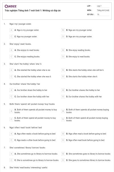 Trắc nghiệm Tiếng Anh 7 mới Unit 1: Writing có đáp án
