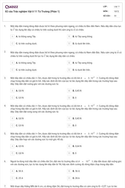 82 câu Trắc nghiệm Vật lí 11 Từ Trường (Phần 1)