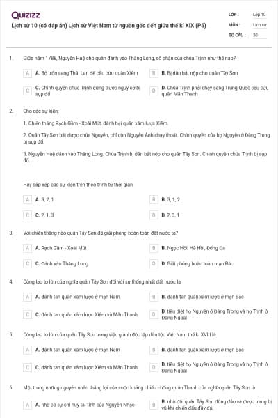 Lịch sử 10 (có đáp án) Lịch sử Việt Nam từ nguồn gốc đến giữa thế kỉ XIX (P5)