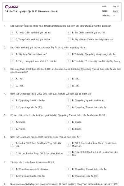 14 câu Trắc nghiệm Địa Lí 11 Liên minh châu âu