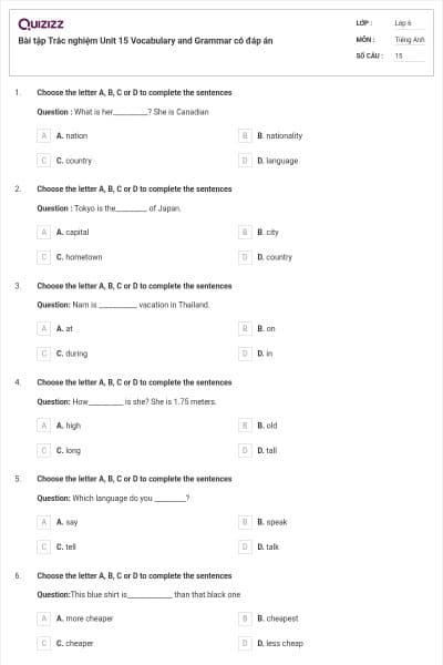 Bài tập Trắc nghiệm Unit 15 Vocabulary and Grammar có đáp án