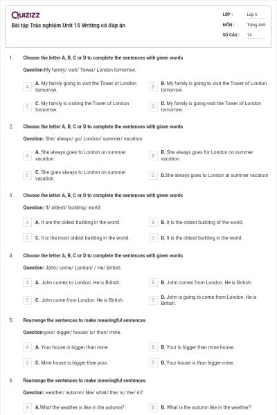 Bài tập Trắc nghiệm Unit 15 Writing có đáp án