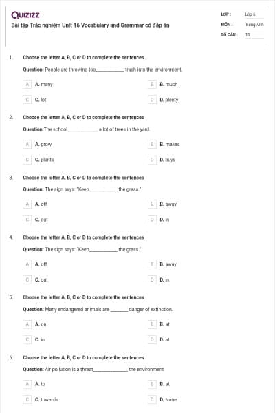 Bài tập Trắc nghiệm Unit 16 Vocabulary and Grammar có đáp án