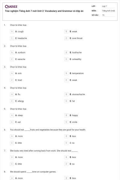 Trắc nghiệm Tiếng Anh 7 mới Unit 2: Vocabulary and Grammar có đáp án