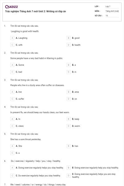 Trắc nghiệm Tiếng Anh 7 mới Unit 2: Writing có đáp án