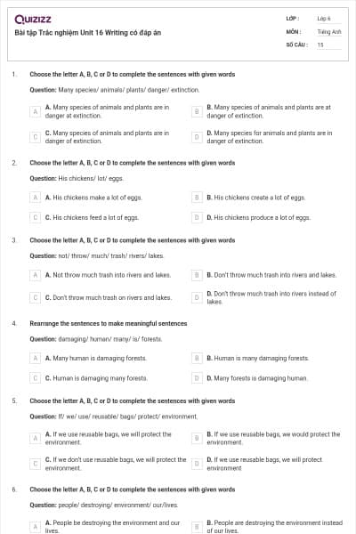 Bài tập Trắc nghiệm Unit 16 Writing có đáp án