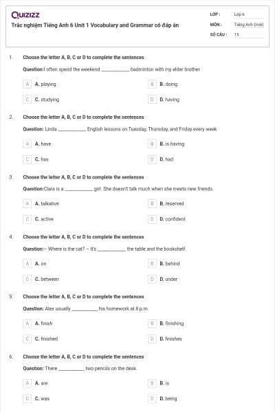 Trắc nghiệm Tiếng Anh 6 Unit 1 Vocabulary and Grammar có đáp án