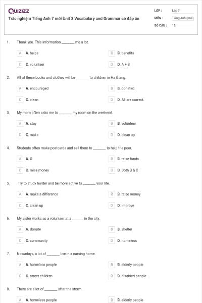 Trắc nghiệm Tiếng Anh 7 mới Unit 3 Vocabulary and Grammar có đáp án