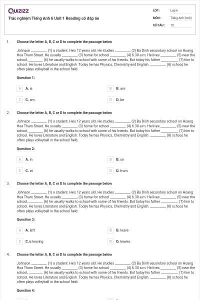 Trắc nghiệm Tiếng Anh 6 Unit 1 Reading có đáp án