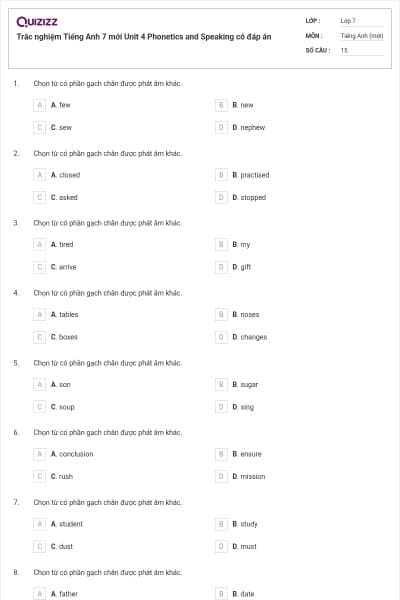Trắc nghiệm Tiếng Anh 7 mới Unit 4 Phonetics and Speaking có đáp án