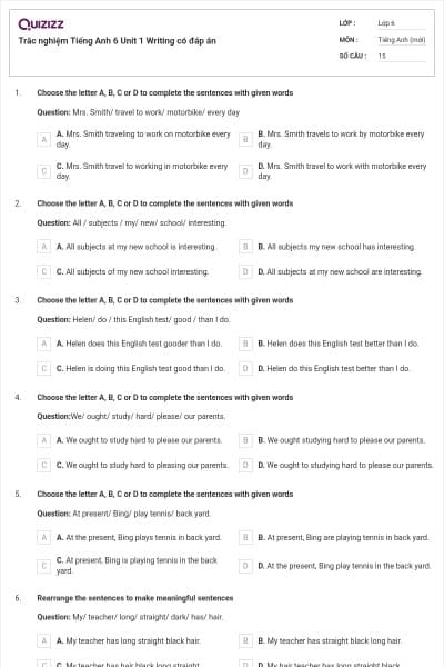 Trắc nghiệm Tiếng Anh 6 Unit 1 Writing có đáp án