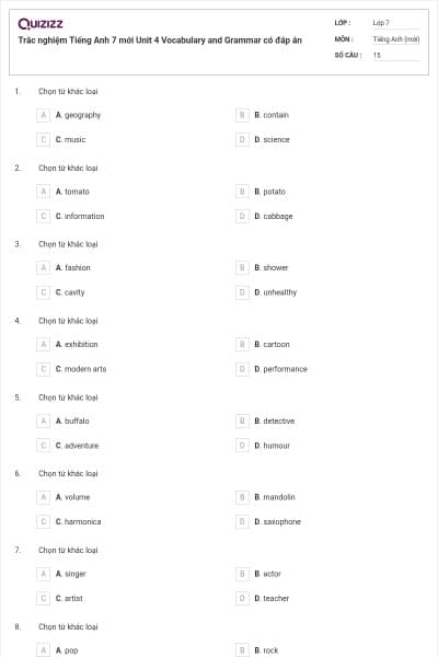 Trắc nghiệm Tiếng Anh 7 mới Unit 4 Vocabulary and Grammar có đáp án