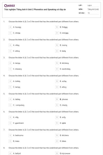 Trắc nghiệm Tiếng Anh 6  Unit 2 Phonetics and Speaking có đáp án