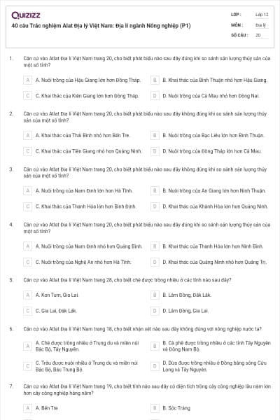 40 câu  Trắc nghiệm Alat Địa lý Việt Nam: Địa lí ngành Nông nghiệp (P1)