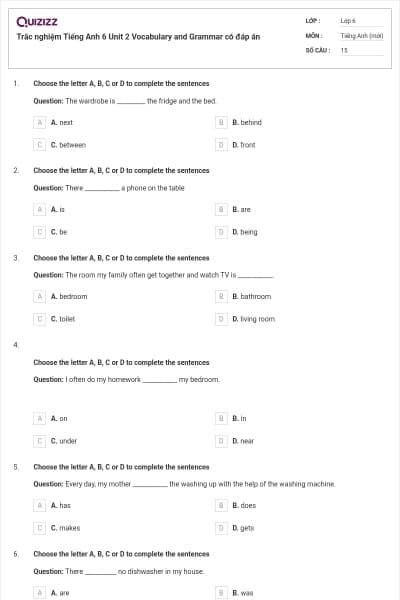Trắc nghiệm Tiếng Anh 6 Unit 2 Vocabulary and Grammar có đáp án