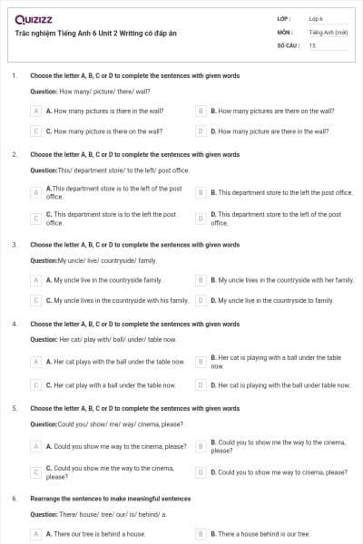 Trắc nghiệm Tiếng Anh 6 Unit 2 Writing có đáp án