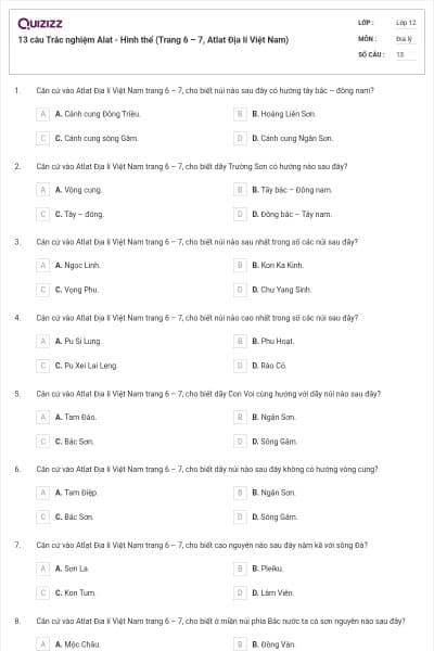 13 câu Trắc nghiệm Alat - Hình thể (Trang 6 – 7, Atlat Địa lí Việt Nam)